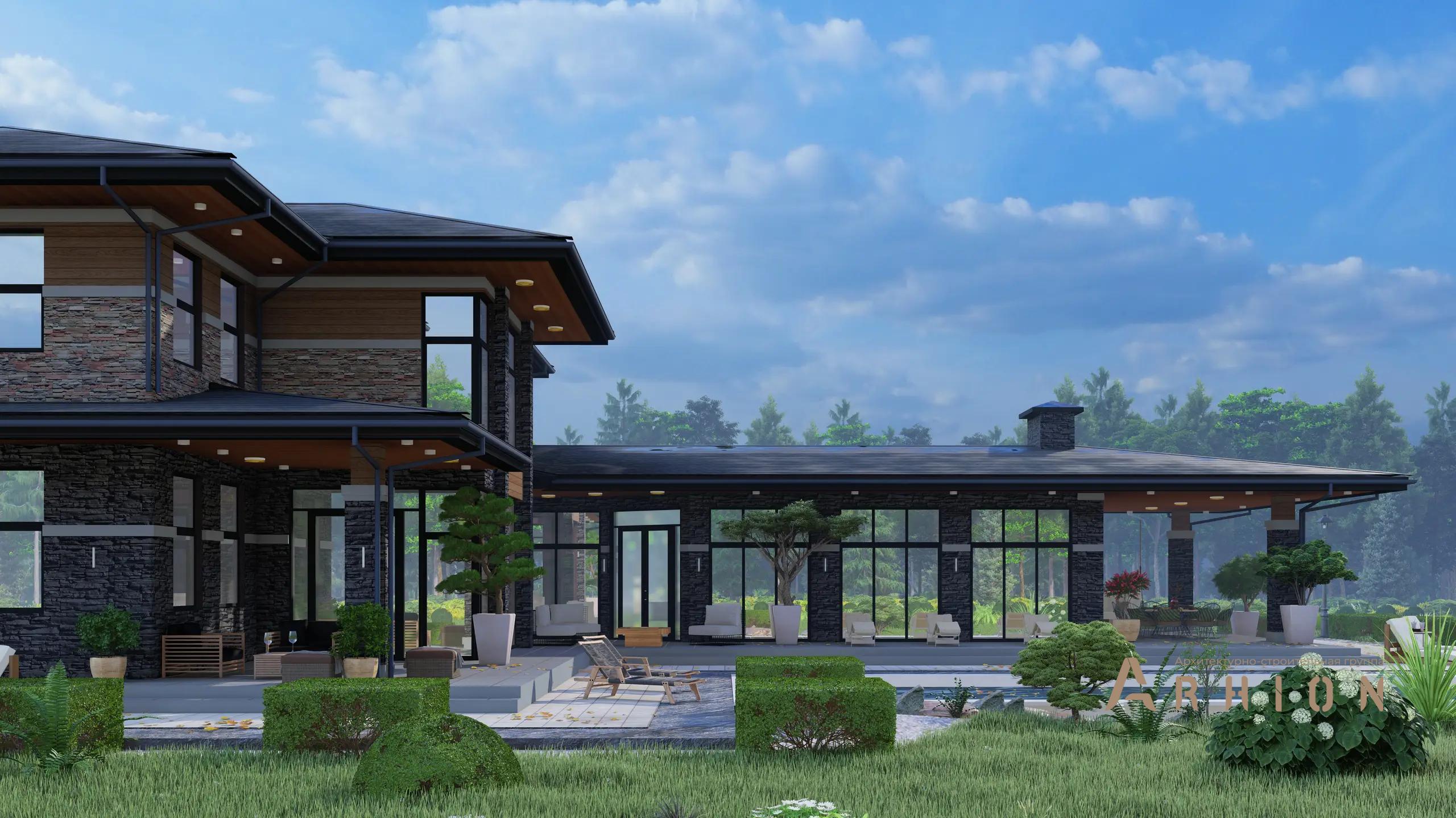 4. Проект двухэтажного дома в стиле Ллойда Райта (прерий) с четырехскатной, h-1604, площадью - 433 кв c сауной, терассой, гаражом, бассейном